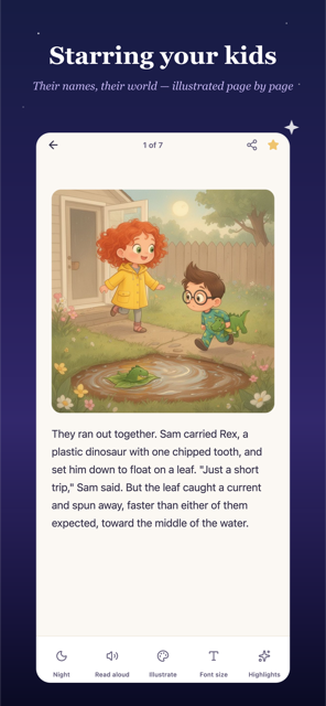 Moonscribed screenshot — a story starring your kids, with an illustrated page