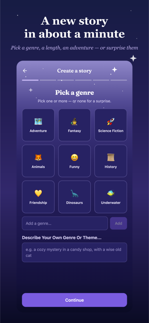 Moonscribed screenshot — creating a new story: genre, tone, and length
